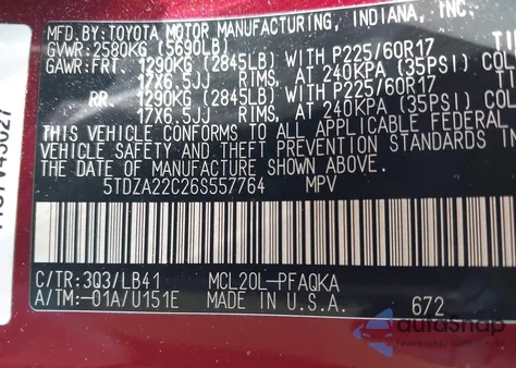 2006 Toyota Sienna Xle из США, поврежденный, VIN 5TDZA22C26S557764